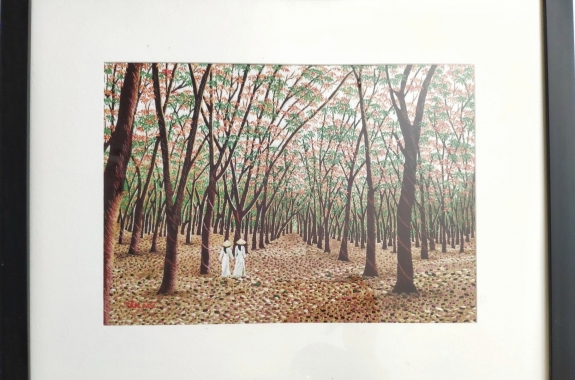 Hand-embroidered painting - Rubber tree forest